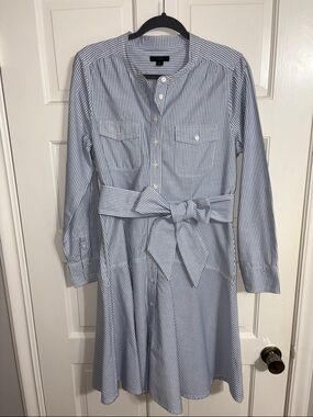 J. Crew Blue and White Striped Tie-Waist Shirtdress with Flounce Hem